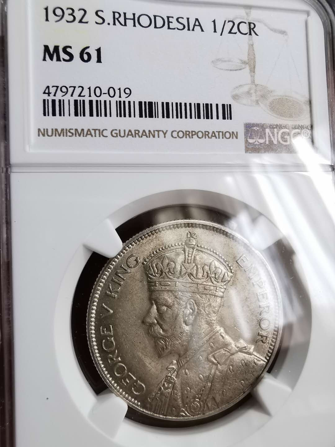 凡希社世界钱币微拍第一百二十九期 1932南罗得西亚1/2克朗NGC-MS61