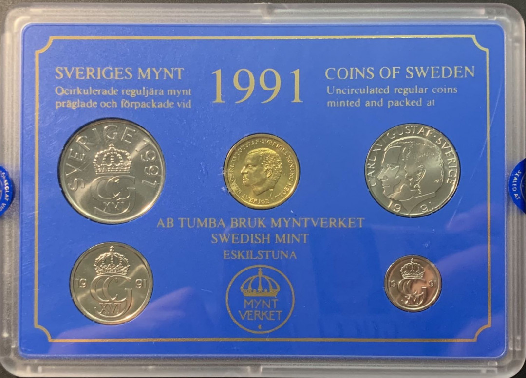 紫瑗钱币—微拍第96期  瑞典 1990年 10欧尔—10克朗 流通币 5枚套 原厂盒