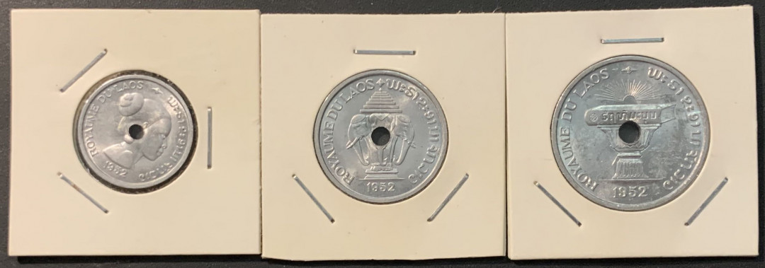 紫瑗钱币—微拍第96期  柬埔寨 1952年 10 20 50分 铝币 3枚一套 UNC