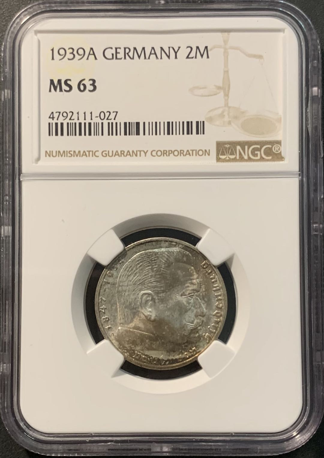 紫瑗钱币—微拍第96期  德国 1939年 A版 兴登堡 2马克 8克 0.625银 NGC MS63