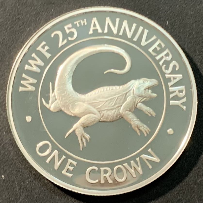 紫瑗钱币—微拍第96期  特克斯与凯恩斯 1988年 WWF基金会25周年  特克斯巨蜥 1克朗 28.28克 0.925银 精制 