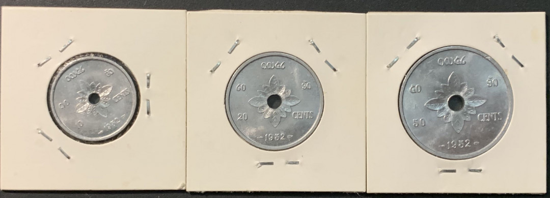 紫瑗钱币—微拍第96期  柬埔寨 1952年 10 20 50分 铝币 3枚一套 UNC