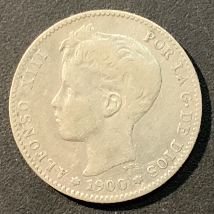 紫瑗钱币—微拍第96期  西班牙 1900年 阿方索十三世 小孩头 1比塞塔 5克 0.835银