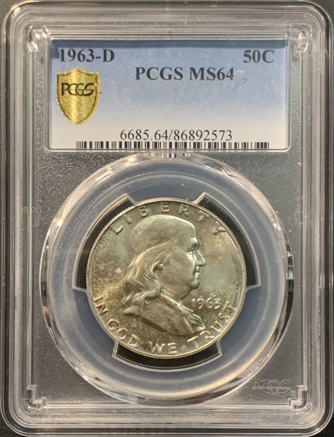 紫瑗钱币—微拍第96期  美国 1963年 富兰克林 半美元 50美分 12.5克 0.9银 PCGS MS64