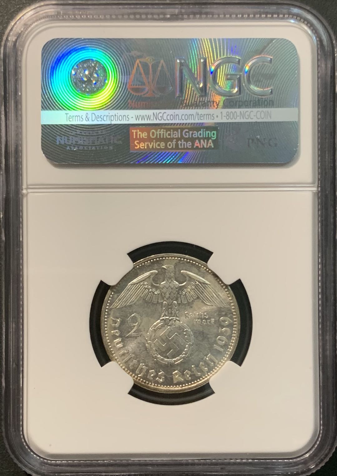 紫瑗钱币—微拍第96期  德国 1939年 A版 兴登堡 2马克 8克 0.625银 NGC MS63