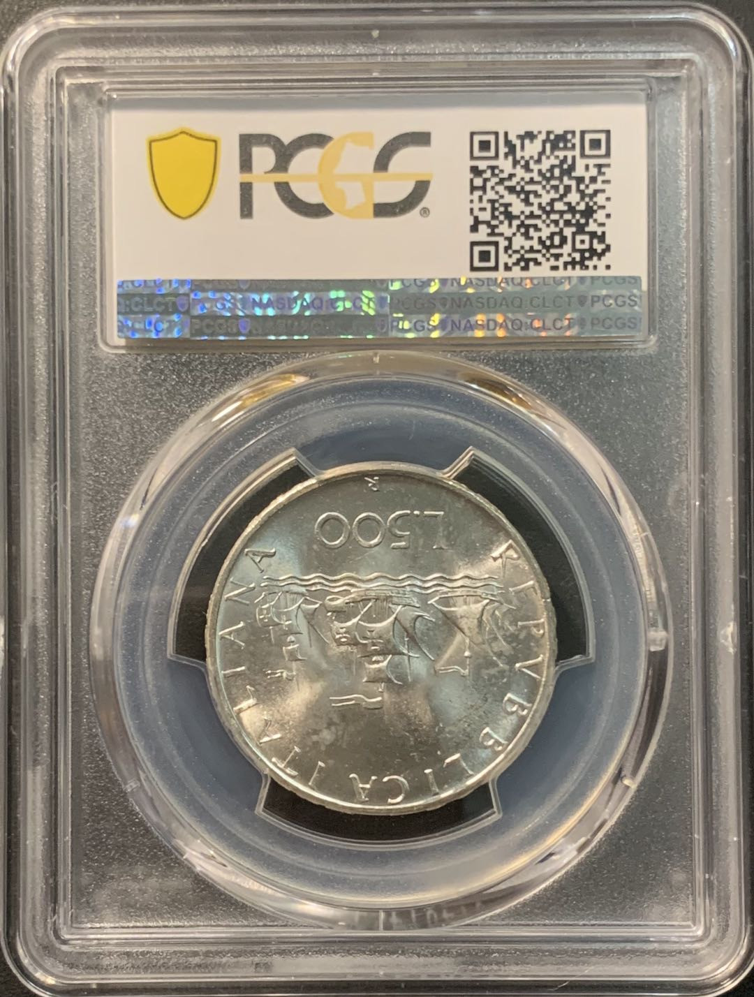 紫瑗钱币—微拍第96期  意大利 1966年 少女与帆船 500里拉 11克 0.835银 PCGS MS64