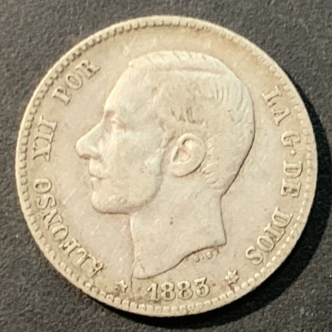 紫瑗钱币—微拍第96期  西班牙 1883年 阿方索十二世 1比塞塔 5克 0.835银