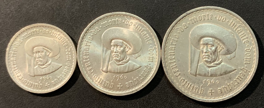 紫瑗钱币—微拍第96期  葡萄牙 1960年 亨利王子500周年  5 10 20埃斯库多 三枚一套 共40.5克 0.835银