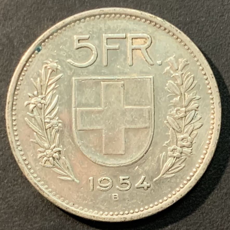 紫瑗钱币—微拍第96期  瑞士 1954年 威廉·退尔 5法郎 15克 0.835银