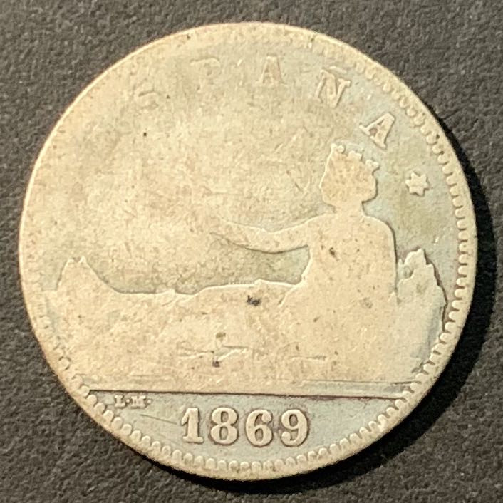 紫瑗钱币—微拍第96期  西班牙 1869年 拿花 1比塞塔 5克 0.835银 