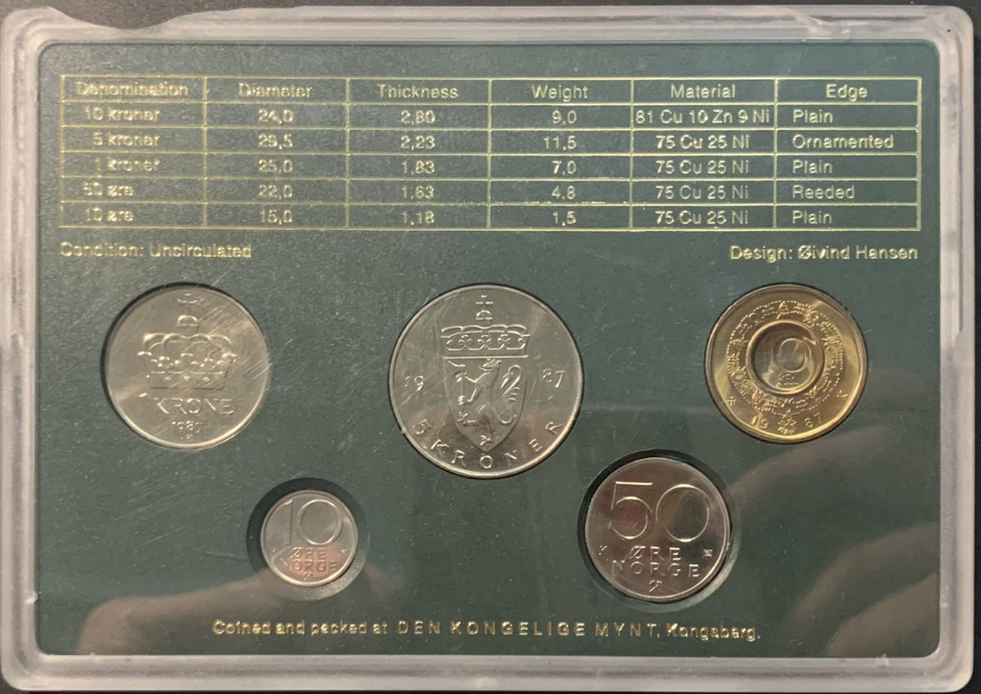 紫瑗钱币—微拍第96期  挪威 1987年 10欧尔—10克朗 流通币 5枚 原厂盒 盒有损