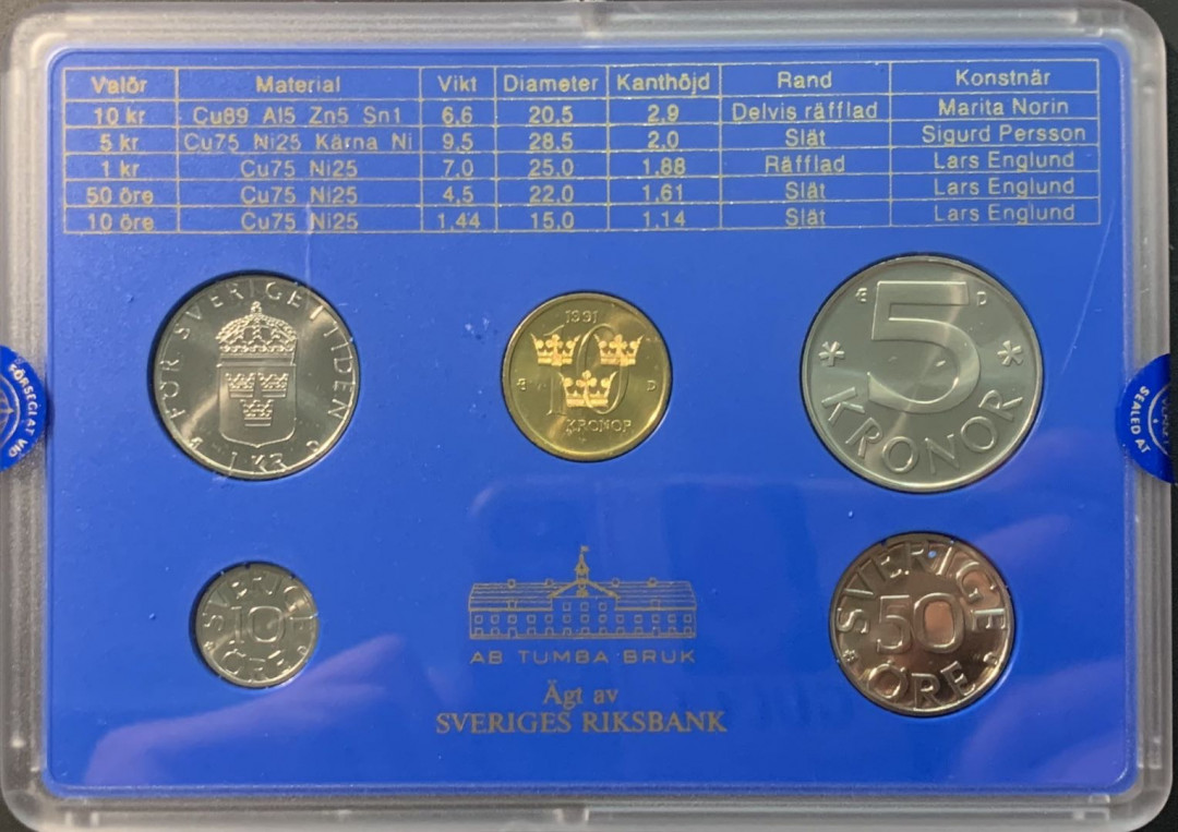 紫瑗钱币—微拍第96期  瑞典 1990年 10欧尔—10克朗 流通币 5枚套 原厂盒