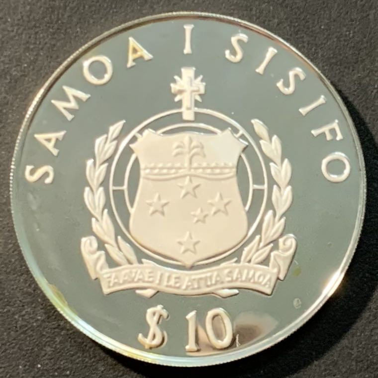 紫瑗钱币—微拍第96期  萨摩亚 1986年 WWF基金会25周年 长尾鸟 10元 28.28克 0.925银 精制