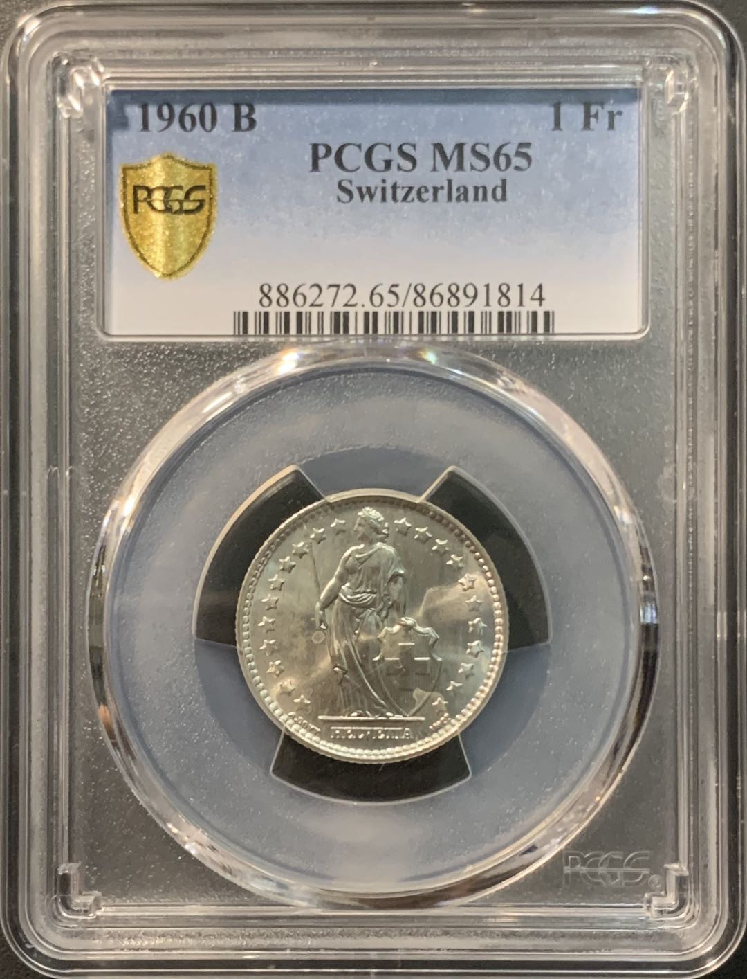 紫瑗钱币—微拍第96期  瑞士 1960年B 赫尔维蒂女神 1法郎 PCGS MS65