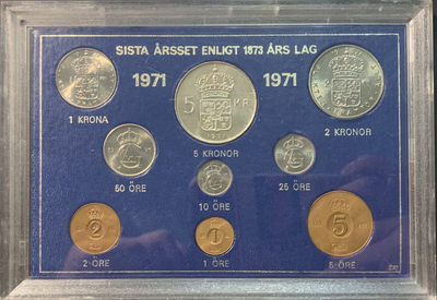 紫瑗钱币—微拍第96期  - 瑞典 1971年 1欧尔—5克朗 流通币 9枚套 原厂盒 带一枚银币