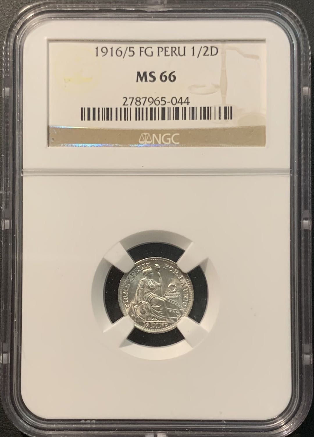 紫瑗钱币—微拍第96期  秘鲁 1916/5年 坐人 1/2D 1.25克 0.9银 NGC MS66