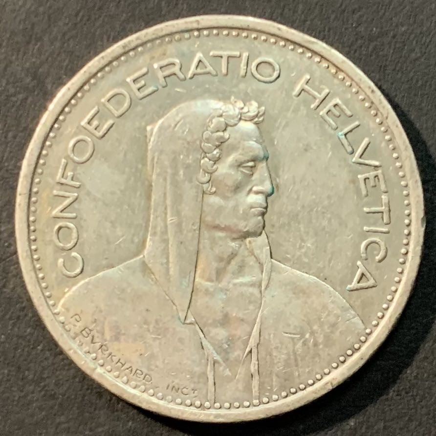 紫瑗钱币—微拍第96期  瑞士 1954年 威廉·退尔 5法郎 15克 0.835银