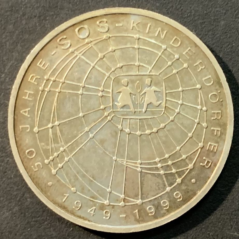 紫瑗钱币—微拍第96期  德国 1999年 J厂 SOS儿童村50周年 10马克 15.5克 0.925银