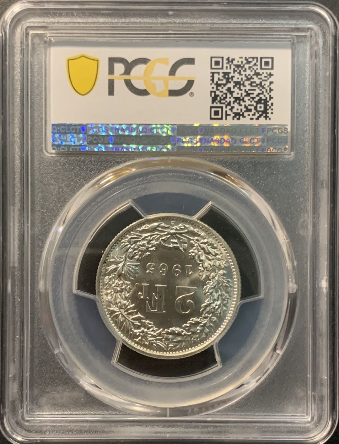 紫瑗钱币—微拍第96期  瑞士 1965年B 赫尔维蒂女神 2法郎 10克 0.835银 PCGS MS65