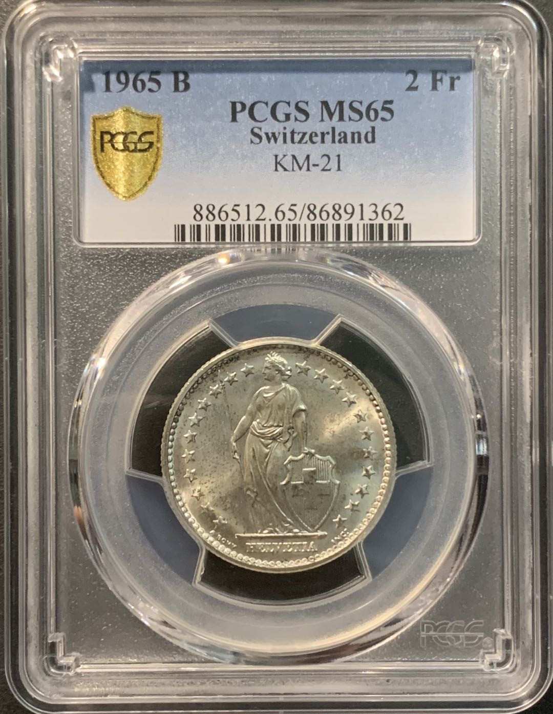 紫瑗钱币—微拍第96期  瑞士 1965年B 赫尔维蒂女神 2法郎 10克 0.835银 PCGS MS65