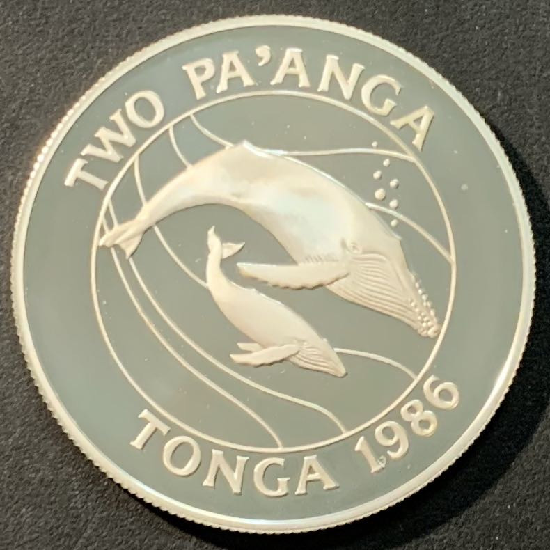 紫瑗钱币—微拍第96期  汤加 1986年 WWF基金会25周年 座头鲸 2潘加 27克 0.925银 精制