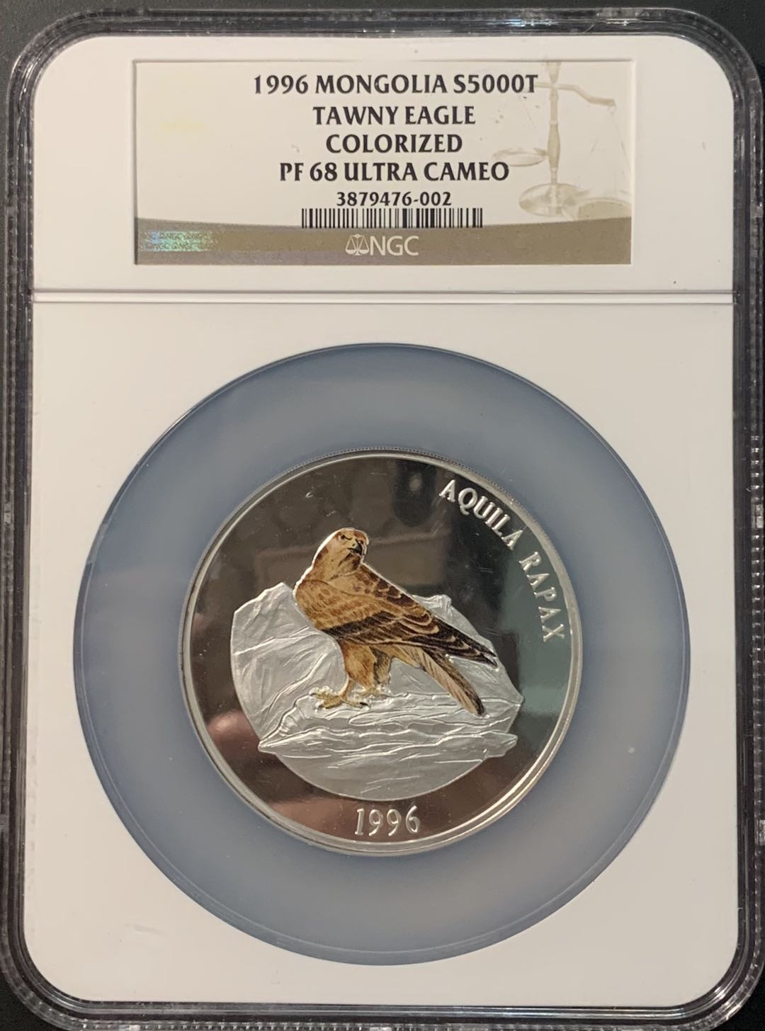 紫瑗钱币—微拍第96期  蒙古 1996年 草原雕 5盎司 彩色银币 155.5克 0.999银 NGC PR68 UC 唯一入盒 少见品种