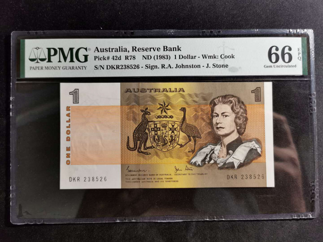 【鲸贝乐淘】千字文·第“诸姑伯叔，犹子比儿”号拍卖 【澳大利亚🇦🇺 】1983年1元，岩画，PMG66E 