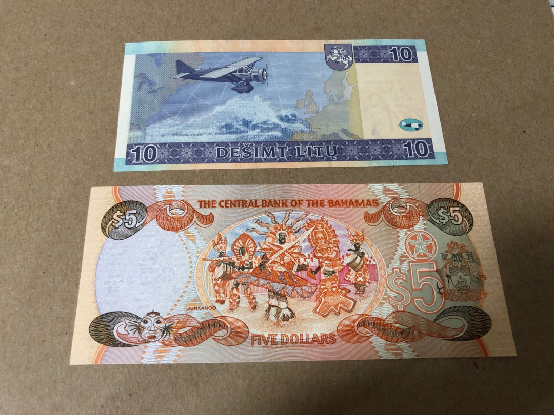 【收藏联盟】第159期拍卖——缤纷夏日（共60拍） 【一组2张】立陶宛 2007年10拉图 3位小号 UNC&巴哈马 1974年5元 UNC