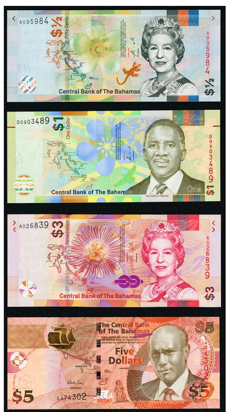 【收藏联盟】第159期拍卖——缤纷夏日（共60拍） 【一组8张】巴哈马 2005-2019年 1/2元-100元 全套8张 全新UNC 题材丰富 实物非常漂亮精美 