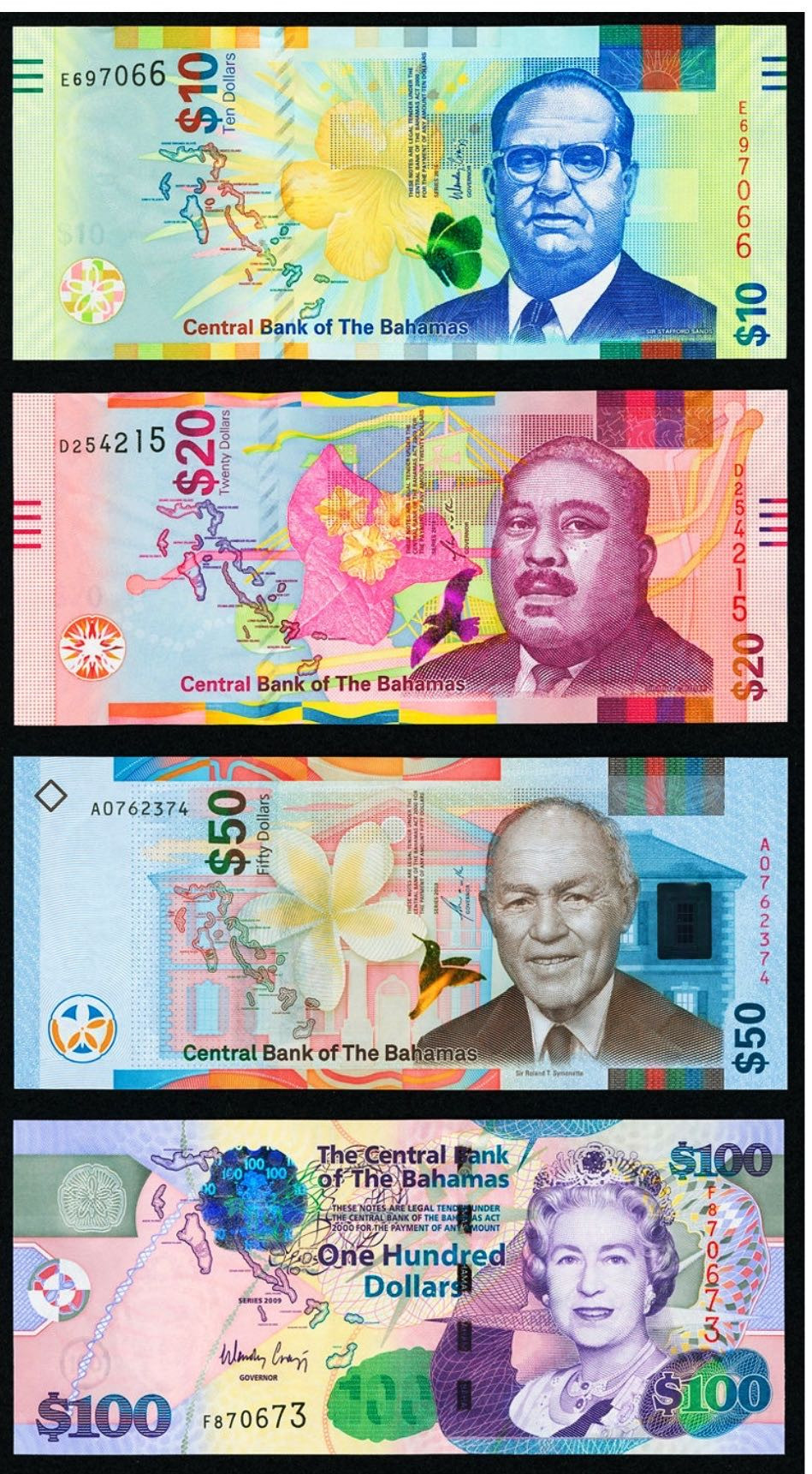 【收藏联盟】第159期拍卖——缤纷夏日（共60拍） 【一组8张】巴哈马 2005-2019年 1/2元-100元 全套8张 全新UNC 题材丰富 实物非常漂亮精美 