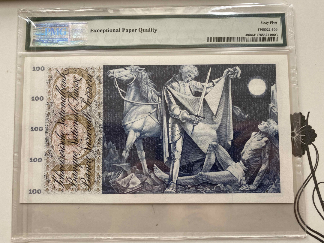 【收藏联盟】第159期拍卖——缤纷夏日（共60拍） 瑞士 1967年100法郎 PMG65EPQ 圣马丁割袍 大票幅