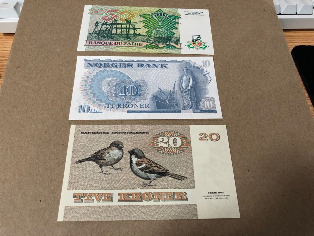 【收藏联盟】第159期拍卖——缤纷夏日（共60拍） 【一组3张】丹麦 1972年20克朗 A0冠 UNC&挪威 1982年10克朗 UNC&扎伊尔 1988年50Zaires 猎豹 雕刻 UNC 精美