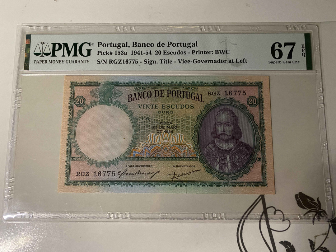 【收藏联盟】第159期拍卖——缤纷夏日（共60拍） 葡萄牙 1941-54年 20埃斯库多 PMG67EPQ BWC出品