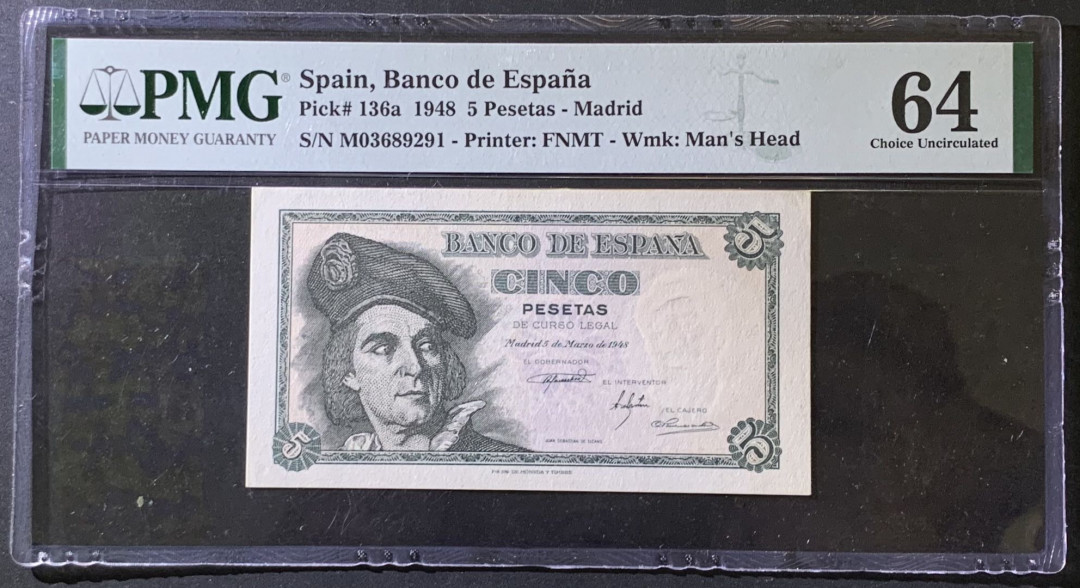 紫瑗钱币——微拍第97期—纸币场 西班牙 1948年 胡安 塞瓦斯蒂安 5比塞塔 PMG 64 （P-136a)