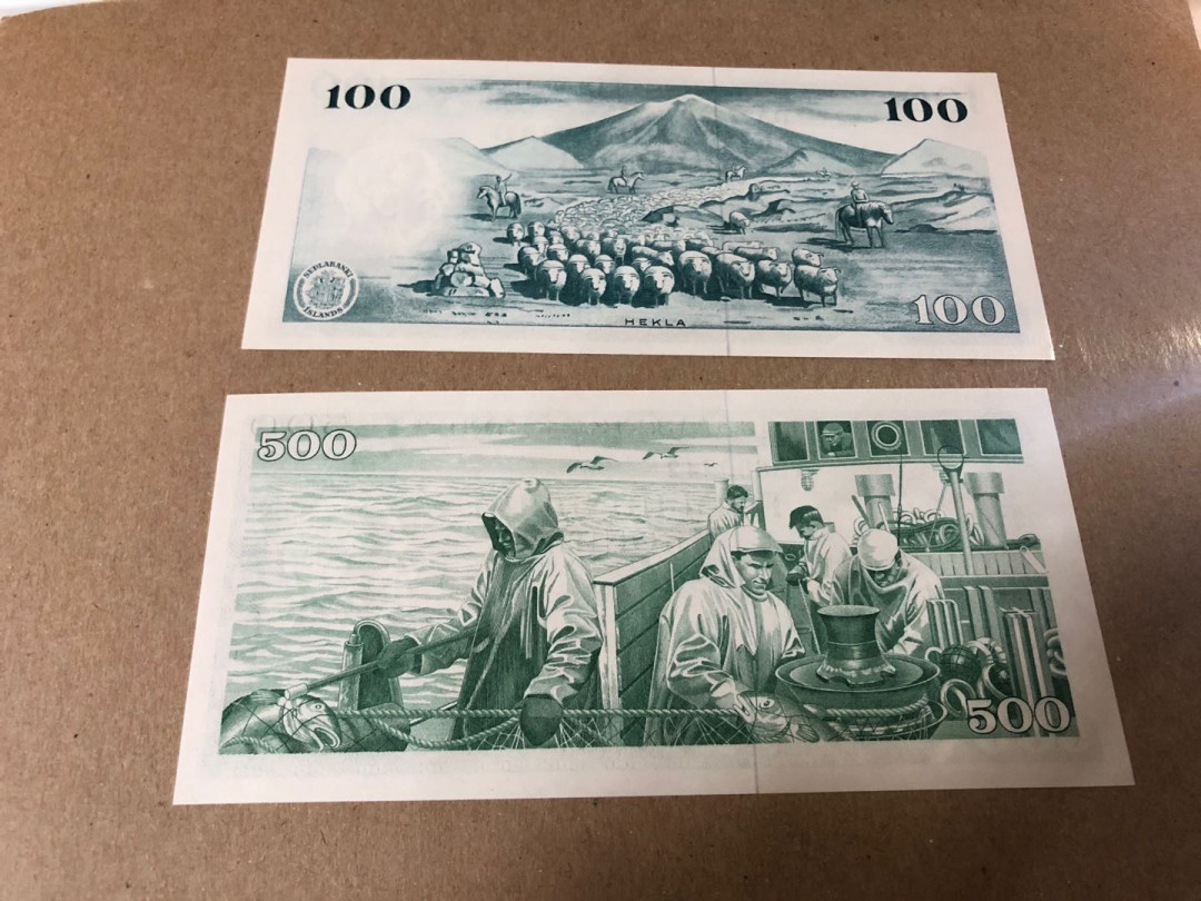 【收藏联盟】第159期拍卖——缤纷夏日（共60拍） 【一组2张】冰岛 1961年100/500克朗 全新UNC 双面雕刻 非常漂亮