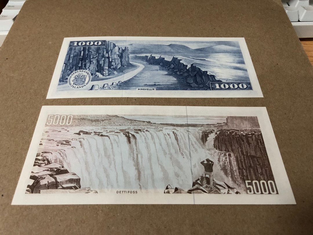 【收藏联盟】第159期拍卖——缤纷夏日（共60拍） 【一组2张】冰岛 1961年1000/5000克朗 全新UNC 双面雕刻 非常漂亮