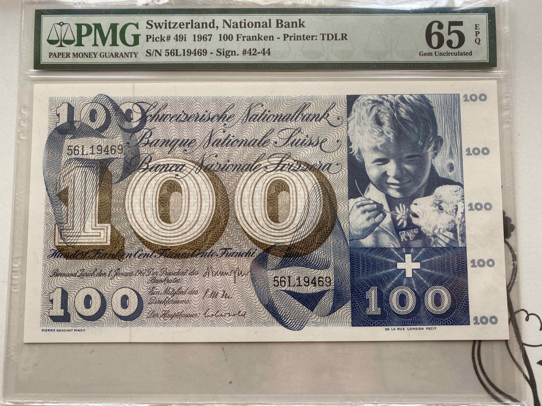 【收藏联盟】第159期拍卖——缤纷夏日（共60拍） 瑞士 1967年100法郎 PMG65EPQ 圣马丁割袍 大票幅