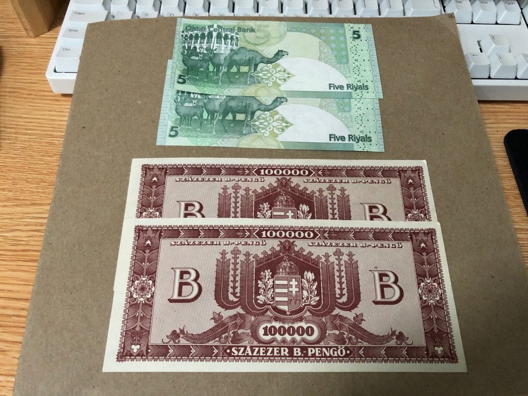【收藏联盟】第159期拍卖——缤纷夏日（共60拍） 【一组4张】卡塔尔 2008年5里亚尔 UNC*2 & 匈牙利 1946年10万潘哥 UNC-*2 大票幅 美女