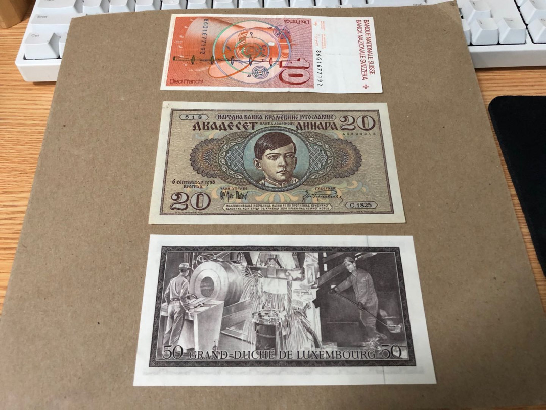 【收藏联盟】第159期拍卖——缤纷夏日（共60拍） 【一组3张】南斯拉夫 1936年20第纳尔 早期法属风 AU&瑞士 1986年10法郎 XF&卢森堡 1972年50法郎 UNC- 品相如图 
