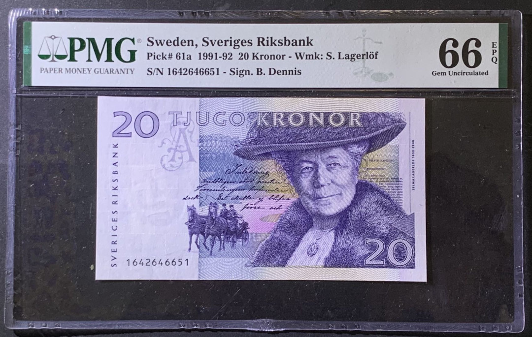 紫瑗钱币——微拍第97期—纸币场 瑞典 1991-92年 骑鹅旅行记 初版 20克朗 PMG 66 EPQ （P-61a)