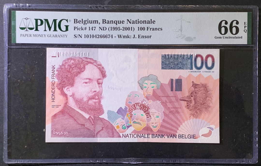 紫瑗钱币——微拍第97期—纸币场 比利时 1995年 詹姆斯 恩索尔 100法郎 PMG 66 EPQ （P-147）