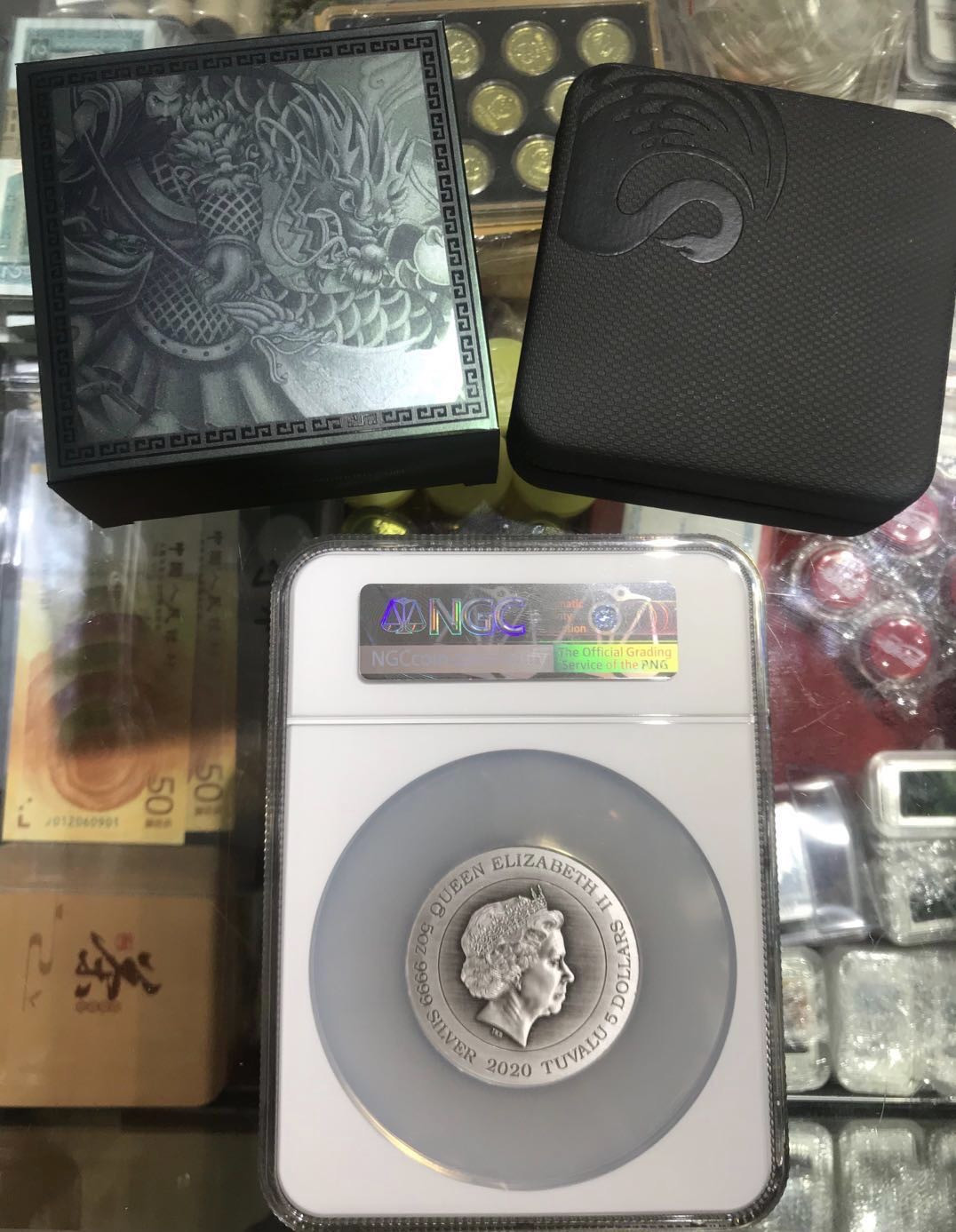 【随心拍&Getcoins】现代钱币拍卖第六十三期 图瓦卢2020年武财神关羽5盎司银币NGC69签字版
