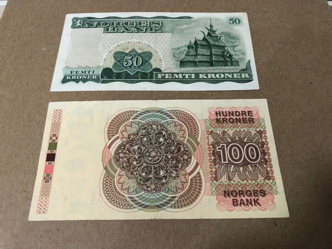 【收藏联盟】第159期拍卖——缤纷夏日（共60拍） 【一组2张】挪威 1972年50克朗&1993年100克朗 XF/AU 品相如图 早期版本