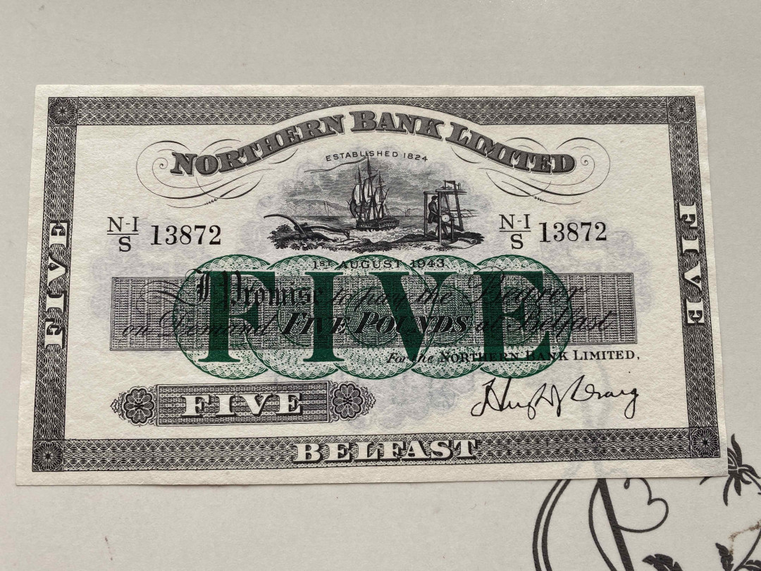 【收藏联盟】第159期拍卖——缤纷夏日（共60拍） 北爱尔兰 1943年 5镑 品相如图