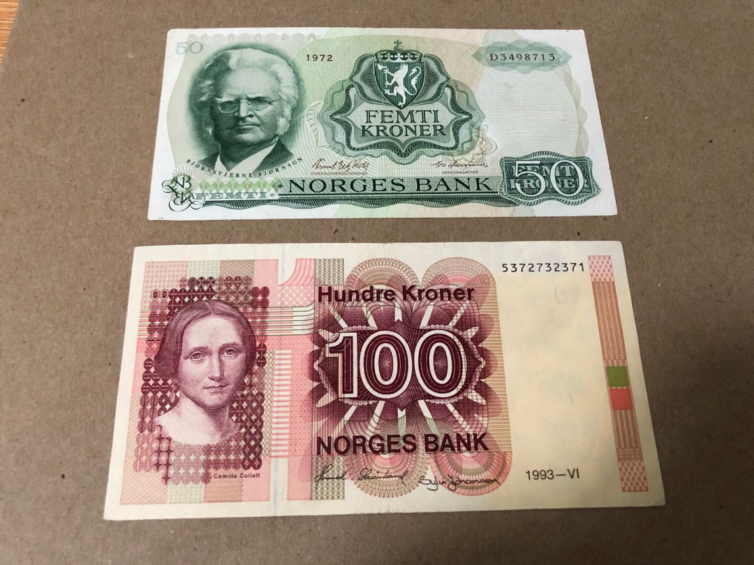 【收藏联盟】第159期拍卖——缤纷夏日（共60拍） 【一组2张】挪威 1972年50克朗&1993年100克朗 XF/AU 品相如图 早期版本