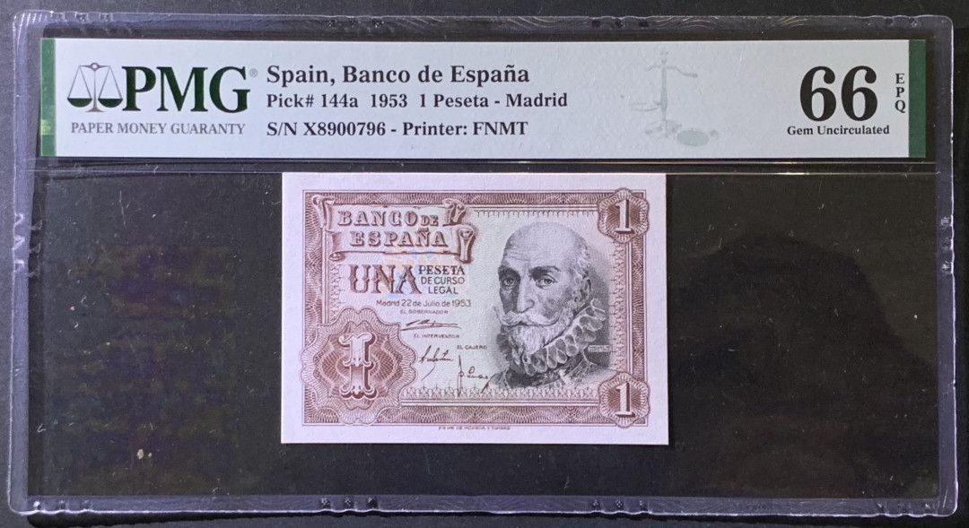 紫瑗钱币——微拍第97期—纸币场 西班牙 1953年 阿尔瓦罗 1比塞塔 PMG 66 EPQ （P-144a）