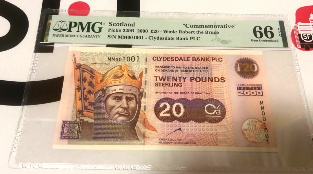 【收藏联盟】第159期拍卖——缤纷夏日（共60拍） 【一套2张全同001001雷达号&重复号】苏格兰 2000年千禧年纪念钞 10镑和20镑 pmg66EPQ 同分 非常精美的少见品种 