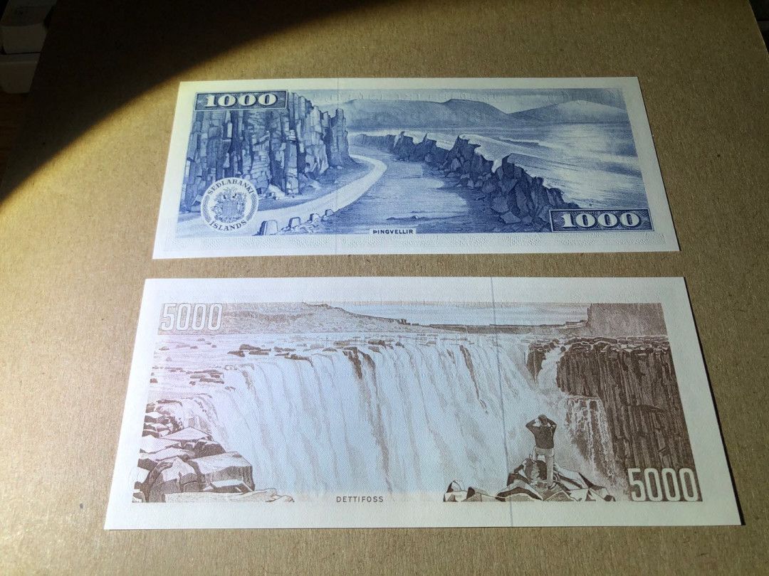 【收藏联盟】第159期拍卖——缤纷夏日（共60拍） 【一组2张】冰岛 1961年1000/5000克朗 全新UNC 双面雕刻 非常漂亮