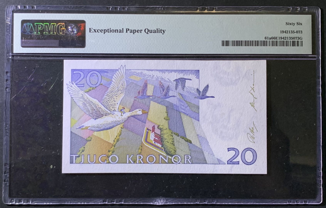 紫瑗钱币——微拍第97期—纸币场 瑞典 1991-92年 骑鹅旅行记 初版 20克朗 PMG 66 EPQ （P-61a)