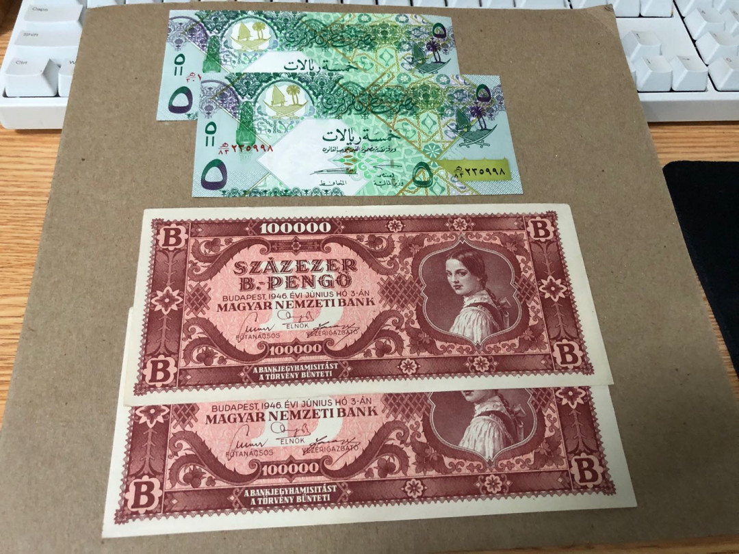 【收藏联盟】第159期拍卖——缤纷夏日（共60拍） 【一组4张】卡塔尔 2008年5里亚尔 UNC*2 & 匈牙利 1946年10万潘哥 UNC-*2 大票幅 美女